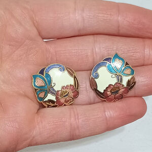 Vintage Round Cloisonne Enamel Earrings Butterfly Butterflies Floral Flowers